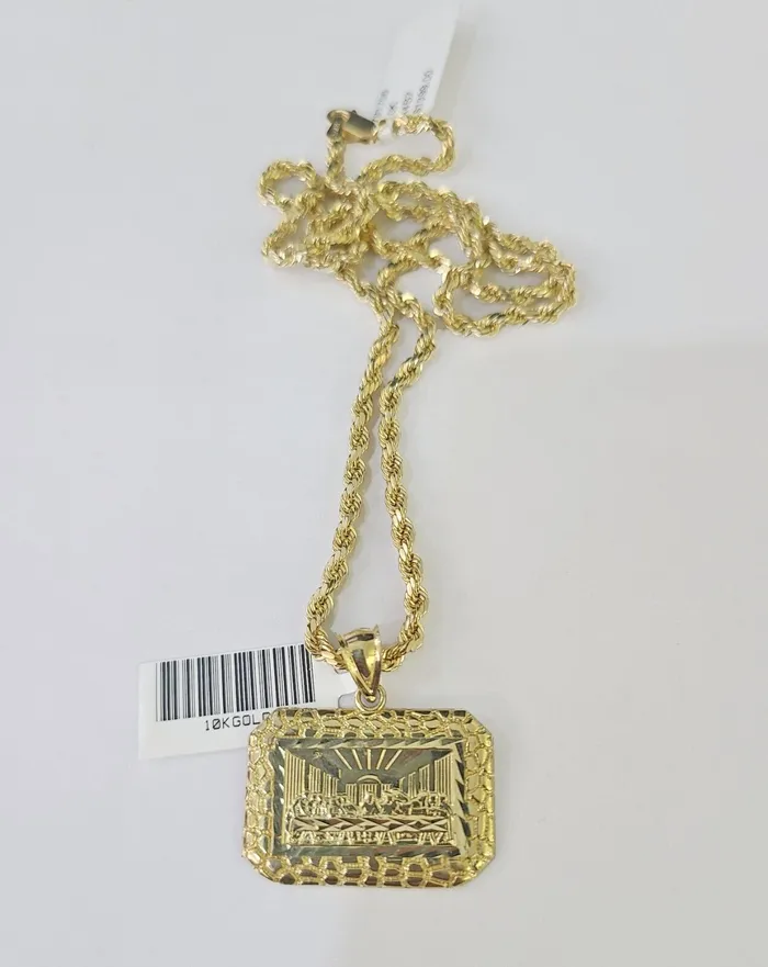 Gold and Diamond Charm Necklaces Real 10k 3mm Rope Chain Last Supper Pendant Charm 18 20 22 24 26 Set Yellow