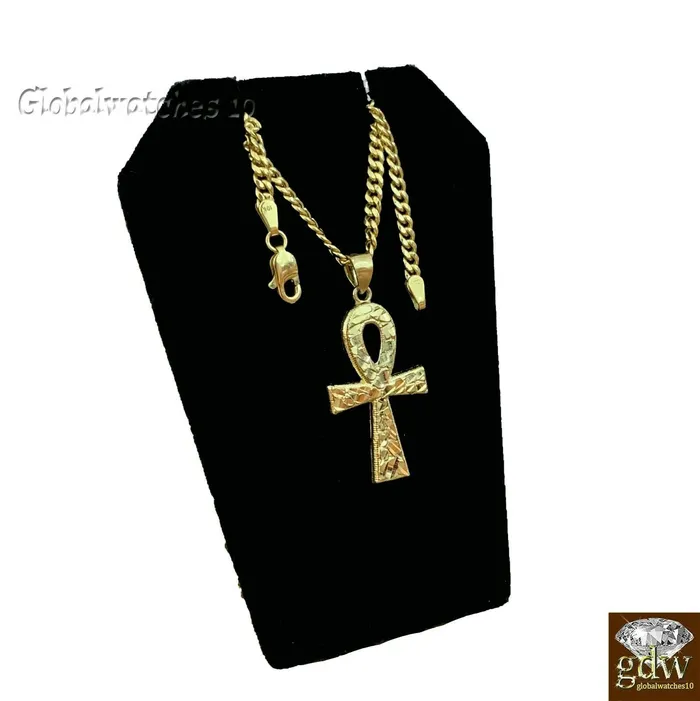 Gold and Diamond Necklaces 10k Gold Ankh Cross Charm Pendant with Miami Cuban Chain 22 24 26 28 Real Gold and Diamond Necklaces 10k Gold Ankh Cross Charm Pendant with Miami Cuban Chain 22 24 26 28 Real