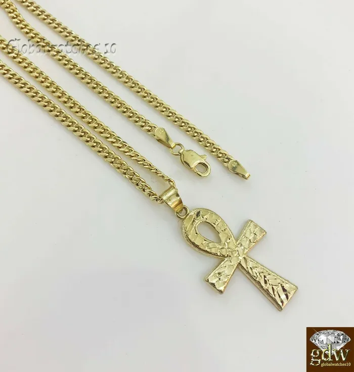 Gold and Diamond Necklaces 10k Gold Ankh Cross Charm Pendant with Miami Cuban Chain 22 24 26 28 Real