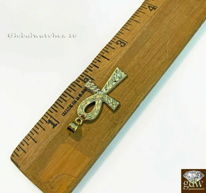 Gold and Diamond Necklaces 10k Gold Ankh Cross Charm Pendant with Miami Cuban Chain 22 24 26 28 Real