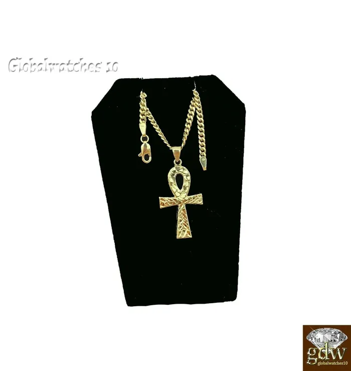 Gold and Diamond Necklaces 10k Gold Ankh Cross Charm Pendant with Miami Cuban Chain 22 24 26 28 Real