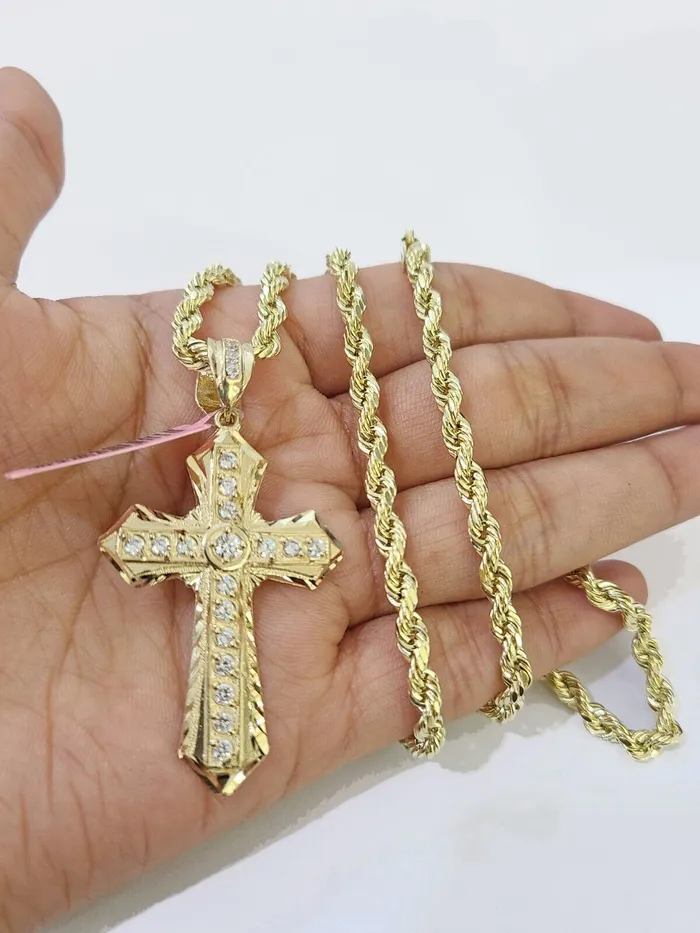 Necklaces Globalwatches10 14k Yellow Gold Rope Chain CZ Cross Charm SET 5mm 24 Inch Necklace REAL