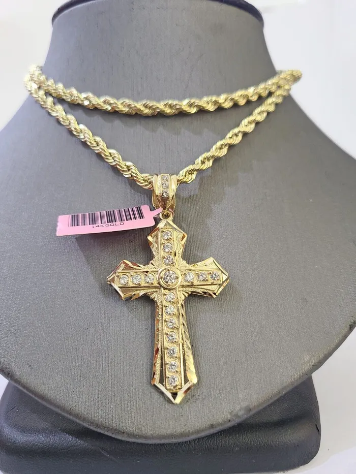 Necklaces Globalwatches10 14k Yellow Gold Rope Chain CZ Cross Charm SET 5mm 24 Inch Necklace REAL