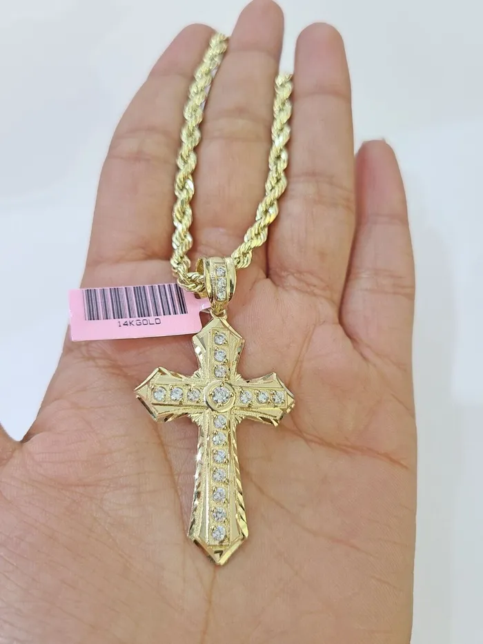 Necklaces Globalwatches10 14k Yellow Gold Rope Chain CZ Cross Charm SET 5mm 24 Inch Necklace REAL