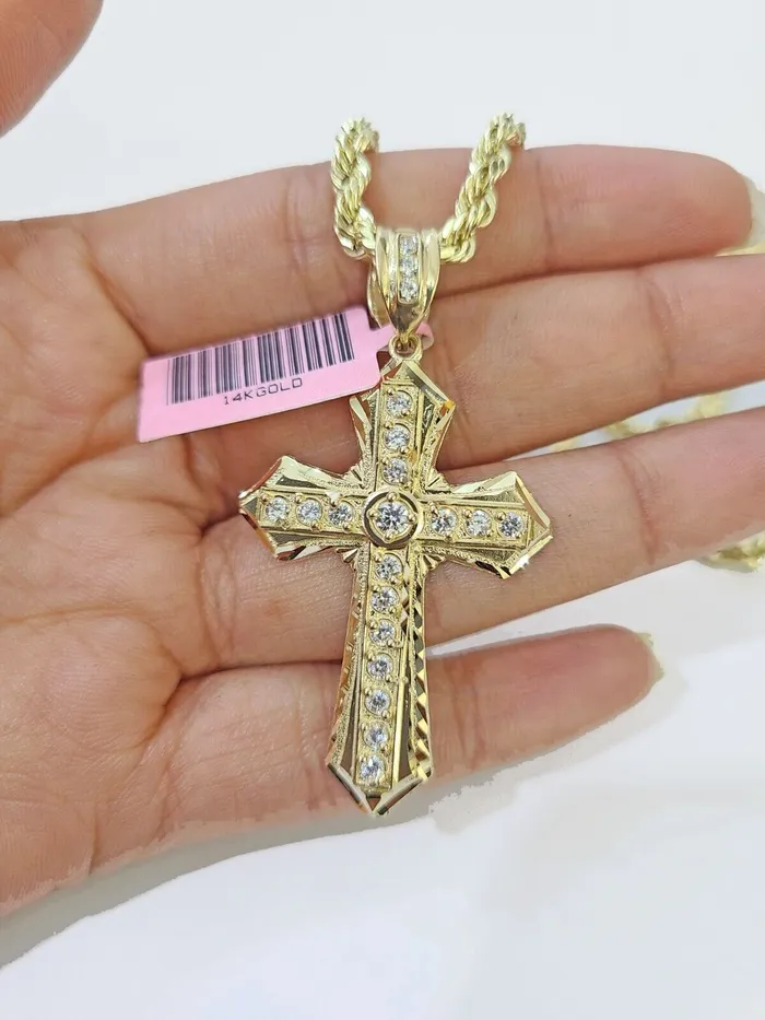 Necklaces Globalwatches10 14k Yellow Gold Rope Chain CZ Cross Charm SET 5mm 24 Inch Necklace REAL