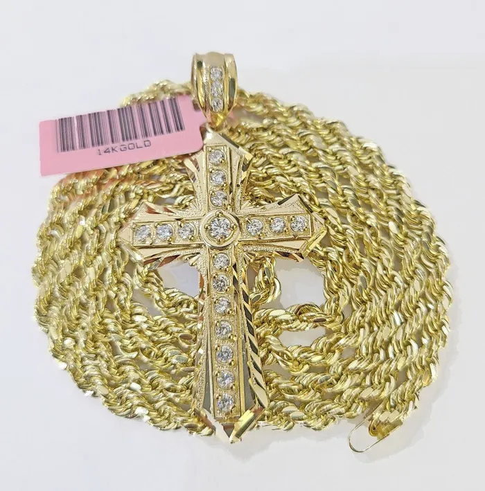 Necklaces Globalwatches10 14k Yellow Gold Rope Chain CZ Cross Charm SET 5mm 24 Inch Necklace REAL