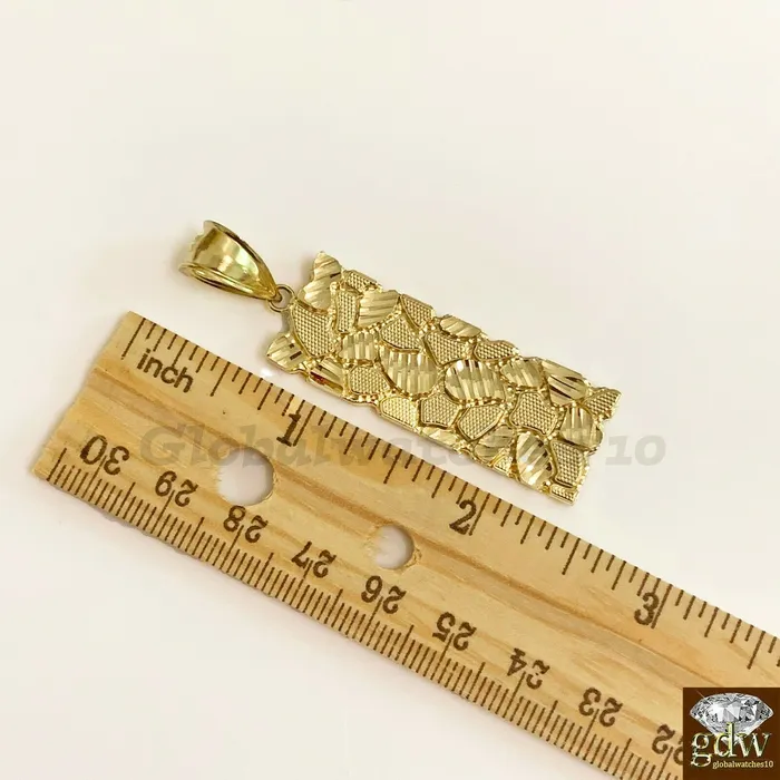 Necklaces Gold and Diamond 10k Gold Solid Mens Nugget CharmRectangle Nugget Pendant with Diamond CutReal