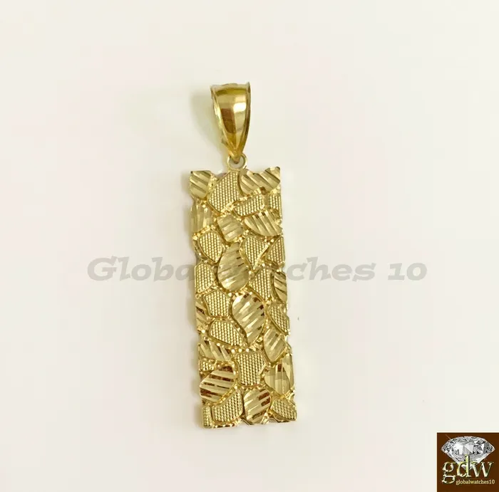 Necklaces Gold and Diamond 10k Gold Solid Mens Nugget CharmRectangle Nugget Pendant with Diamond CutReal