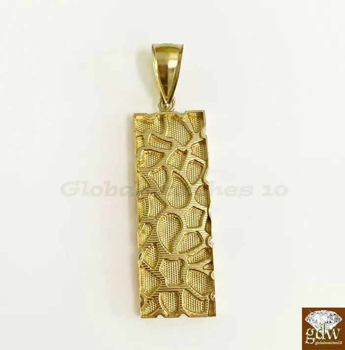 Necklaces Gold and Diamond 10k Gold Solid Mens Nugget CharmRectangle Nugget Pendant with Diamond CutReal