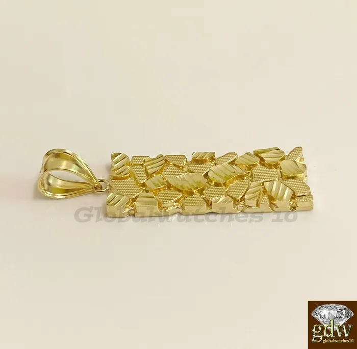 Necklaces Gold and Diamond 10k Gold Solid Mens Nugget CharmRectangle Nugget Pendant with Diamond CutReal