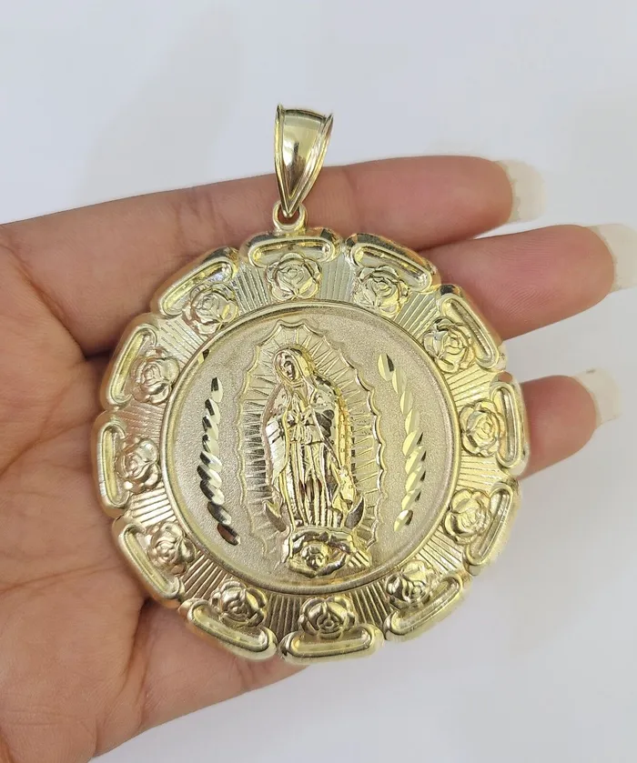 Real 10K Jesus Virgin Mary Pendent Charm Two Sided 10kt yellow Gold 3 Guadalupe Gold and Diamond Charm Necklaces