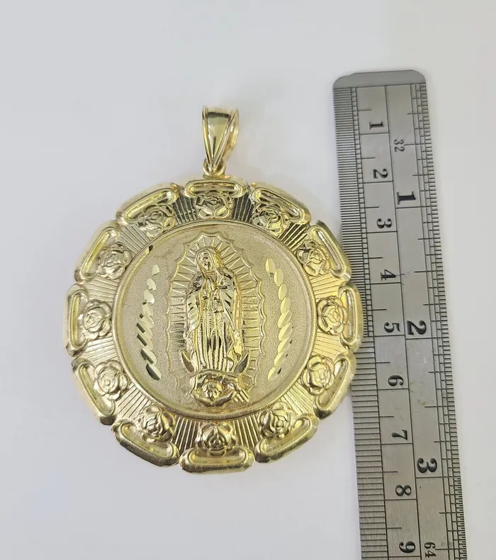 Real 10K Jesus Virgin Mary Pendent Charm Two Sided 10kt yellow Gold 3 Guadalupe Gold and Diamond Charm Necklaces