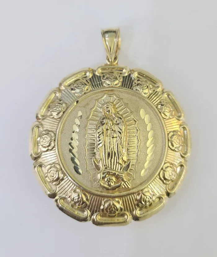 Real 10K Jesus Virgin Mary Pendent Charm Two Sided 10kt yellow Gold 3 Guadalupe Gold and Diamond Charm Necklaces
