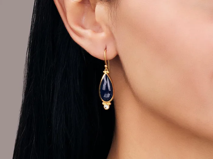 Earrings GURHAN Elements Gold Sapphire and Diamond Single Drop Earrings 19x9mm Teardrop on Wire Hook GG GOLD OOAK