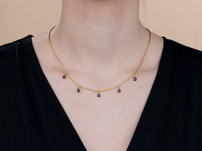 GG GOLD CLS Necklaces GURHAN Dew Gold Black Diamond SingleStrand Short Necklace Thin Gold Tubes with 5 Briolettes GG GOLD CLS Necklaces GURHAN Dew Gold Black Diamond SingleStrand Short Necklace Thin Gold Tubes with 5 Briolettes