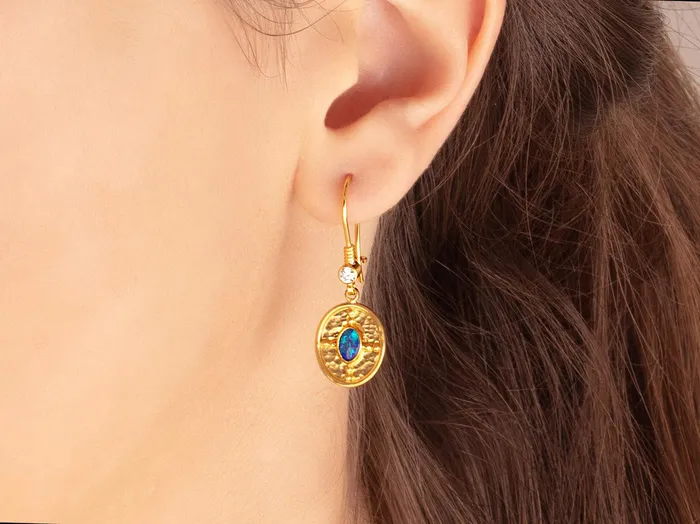 GG GOLD OOAK Earrings GURHAN Muse Gold Opal Single Drop Earrings 12x14mm Medallion on Wire Hook GG GOLD OOAK Earrings GURHAN Muse Gold Opal Single Drop Earrings 12x14mm Medallion on Wire Hook
