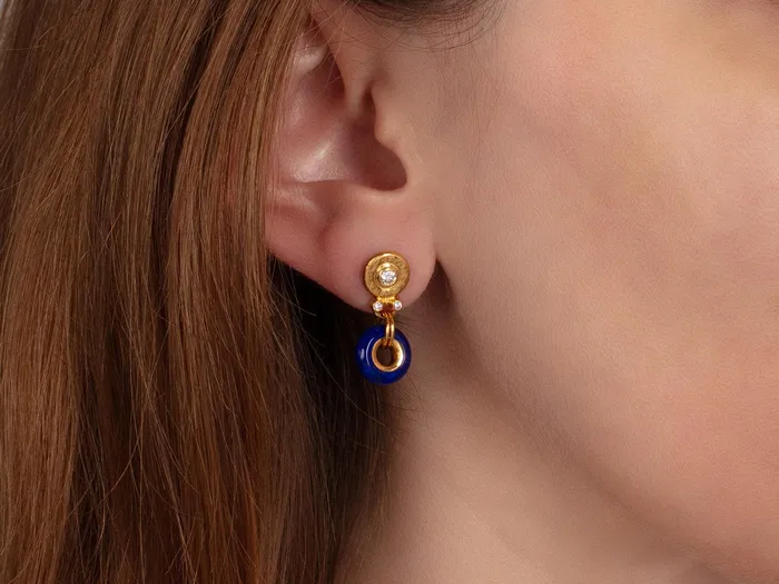 GURHAN Spell Gold Lapis Single Drop Earrings 10mm Open Ring on Post Top GG GOLD OOAK Earrings GURHAN Spell Gold Lapis Single Drop Earrings 10mm Open Ring on Post Top GG GOLD OOAK Earrings