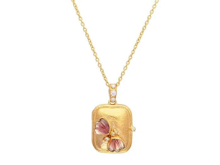 Necklaces GG GOLD OOAK GURHAN Locket Gold Tourmaline Pendant Necklace 23mm Wide Rectangle Butterfly Motif Necklaces GG GOLD OOAK GURHAN Locket Gold Tourmaline Pendant Necklace 23mm Wide Rectangle Butterfly Motif