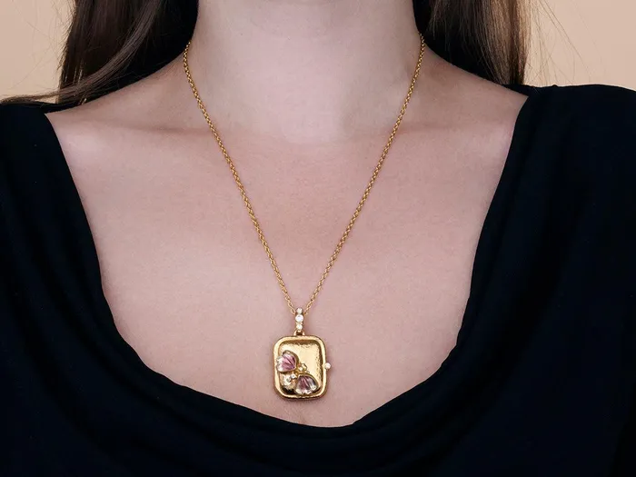 Necklaces GG GOLD OOAK GURHAN Locket Gold Tourmaline Pendant Necklace 23mm Wide Rectangle Butterfly Motif